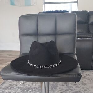 Black Wide Brim Hat with Chain Detail